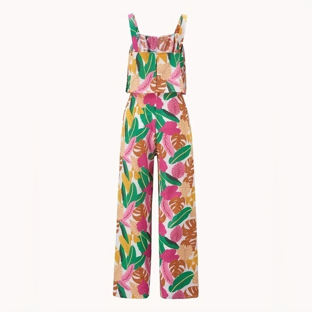 Tropical Print Wide-Leg Jumpsuit in Pink & Green